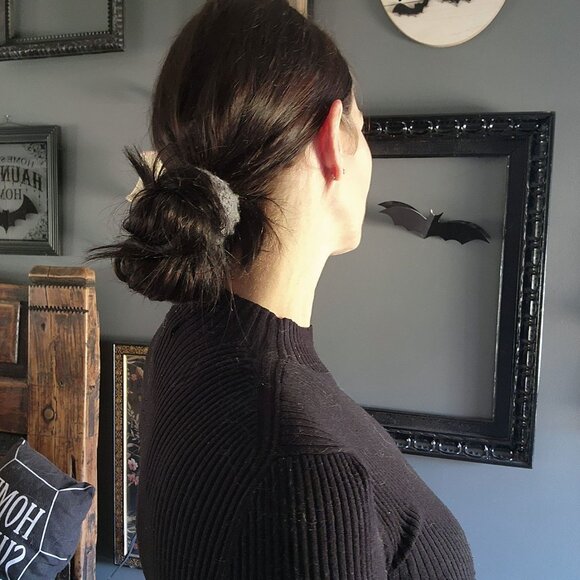 Knit Hair Scrunchie, Gray, Handknit Ponytail Holder, "Storm Cloud" Hair Tie Band - Picture 3 of 10